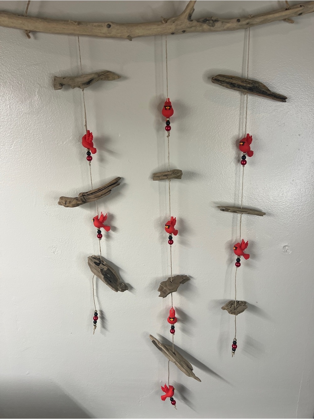 Rustic Driftwood Hanging Mobile with Red Cardinals